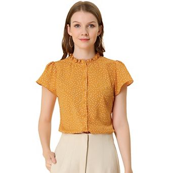 Women's Summer Dots Print Ruffle Stand Collar Button Down Blouse Shirts