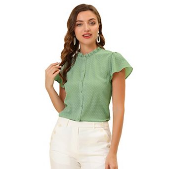 Women's Summer Dots Print Ruffle Stand Collar Button Down Blouse Shirts