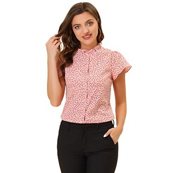Women's Summer Dots Print Ruffle Stand Collar Button Down Blouse Shirts