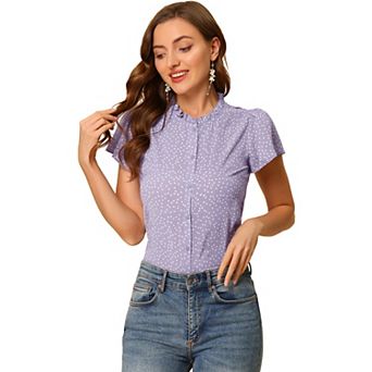 Women's Summer Dots Print Ruffle Stand Collar Button Down Blouse Shirts