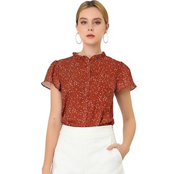 Women's Summer Dots Print Ruffle Stand Collar Button Down Blouse Shirts