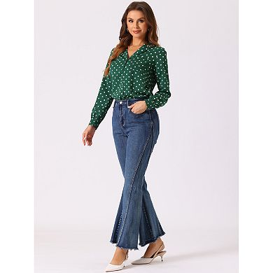 Women's Heart Polka Dots Button up V Neck Long Sleeve Shirts