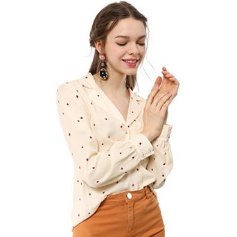 Women's Heart Polka Dots Button up V Neck Long Sleeve Shirts