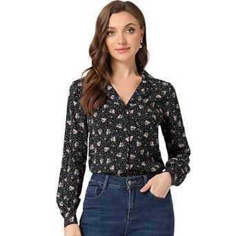 Women's Heart Polka Dots Button up V Neck Long Sleeve Shirts