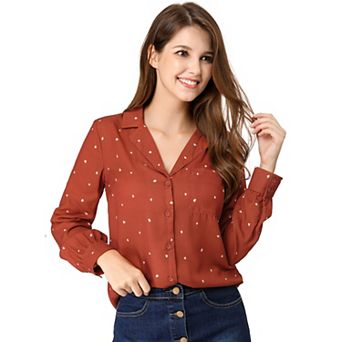 Women's Heart Polka Dots Button up V Neck Long Sleeve Shirts