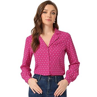 Women's Heart Polka Dots Button up V Neck Long Sleeve Shirts