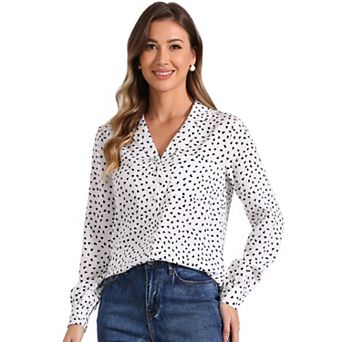 Women's Heart Polka Dots Button Up V Neck Long Sleeve Shirts