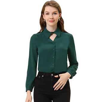 Women's Choker Neck Blouse Long Sleeve Turn Down Collar Work Shirt