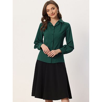 Women's Long Sleeve Button Down Shirt Vintage Collared Work Blouse