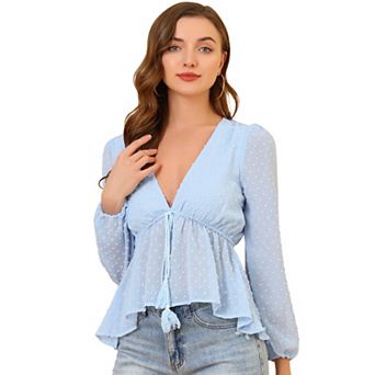 Women's Deep V Neck Drawstring Swiss Long Sleeves Blouse Tops