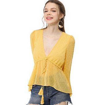 Women's Deep V Neck Drawstring Swiss Long Sleeves Blouse Tops