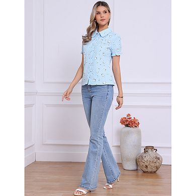 Women's Floral Top Peter Pan Collar Cotton Short Sleeve Shirt