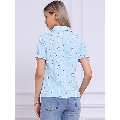 Women's Floral Top Peter Pan Collar Cotton Short Sleeve Shirt
