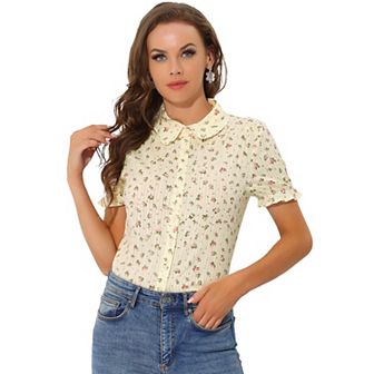 Women's Floral Top Peter Pan Collar Cotton Short Sleeve Shirt