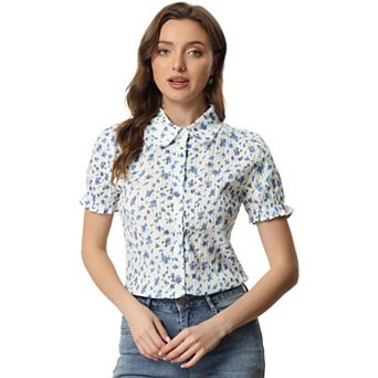 Women's Floral Top Peter Pan Collar Cotton Short Sleeve Shirt