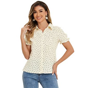 Women's Floral Top Peter Pan Collar Cotton Short Sleeve Shirt