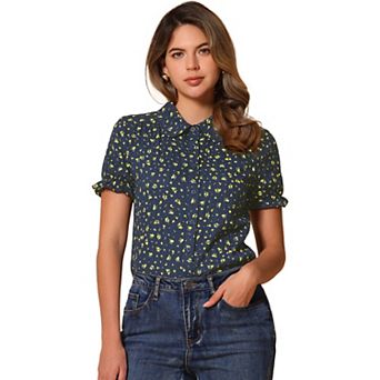 Women's Floral Top Peter Pan Collar Cotton Short Sleeve Shirt