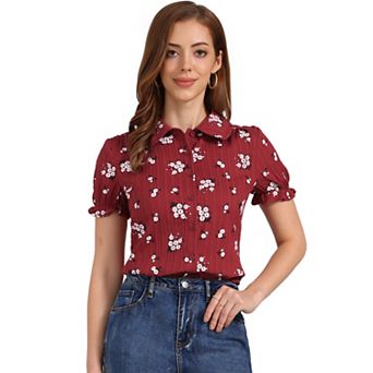 Women's Floral Top Peter Pan Collar Cotton Short Sleeve Shirt