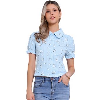 Women's Floral Top Peter Pan Collar Cotton Short Sleeve Shirt