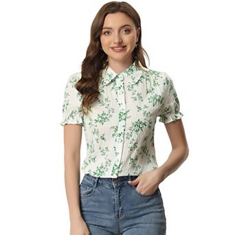 Women's Floral Top Peter Pan Collar Cotton Short Sleeve Shirt
