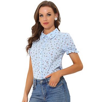 Women's Floral Top Peter Pan Collar Cotton Short Sleeve Shirt