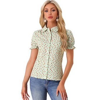 Women's Floral Top Peter Pan Collar Cotton Short Sleeve Shirt