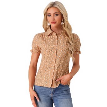 Women's Floral Top Peter Pan Collar Cotton Short Sleeve Shirt