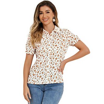 Women's Floral Top Peter Pan Collar Cotton Short Sleeve Shirt