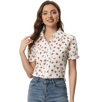 Women's Floral Top Peter Pan Collar Cotton Short Sleeve Shirt