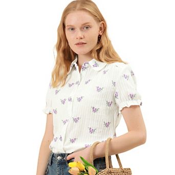 Women's Floral Top Peter Pan Collar Cotton Short Sleeve Shirt