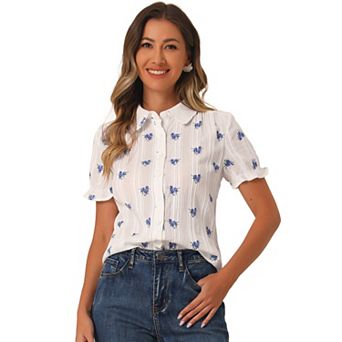Women's Floral Top Peter Pan Collar Cotton Short Sleeve Shirt