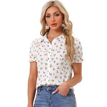 Women's Floral Top Peter Pan Collar Cotton Short Sleeve Shirt