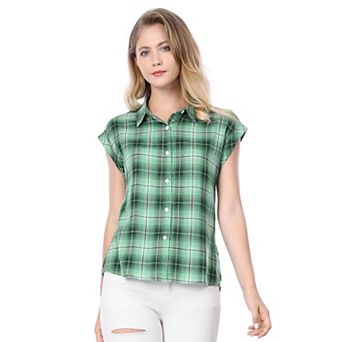 Women's Point Collar Short Cap Sleeves Plaids Button Down Shirt