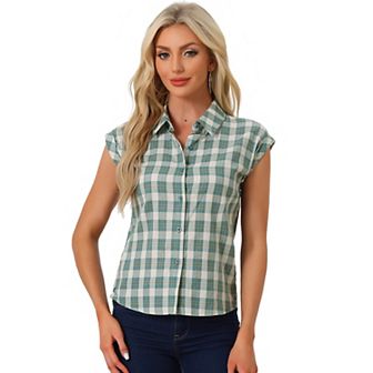 Women's Point Collar Short Cap Sleeves Plaids Button Down Shirt