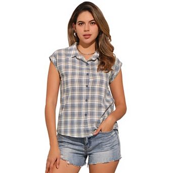 Women's Point Collar Short Cap Sleeves Plaids Button Down Shirt