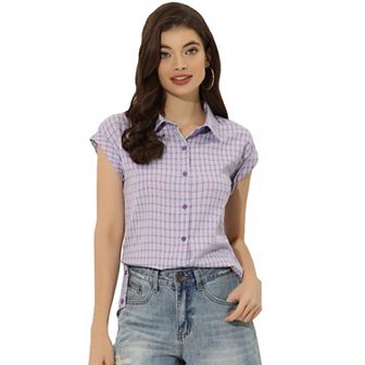 Women's Point Collar Short Cap Sleeves Plaids Button Down Shirt