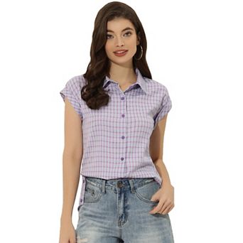 Women's Point Collar Short Cap Sleeves Plaids Button Down Shirt
