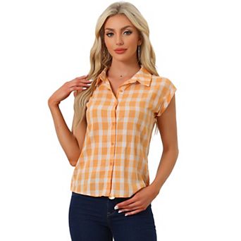 Women's Point Collar Short Cap Sleeves Plaids Button Down Shirt