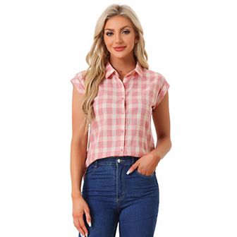 Women's Point Collar Short Cap Sleeves Plaids Button Down Shirt