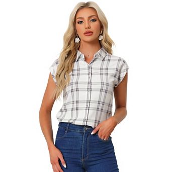 Women's Point Collar Short Cap Sleeves Plaids Button Down Shirt