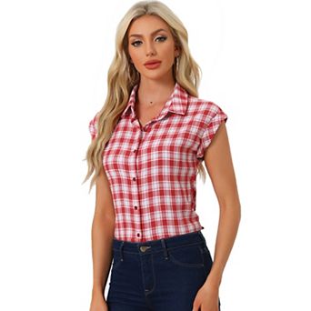 Women's Point Collar Short Cap Sleeves Plaids Button Down Shirt