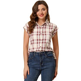 Women's Point Collar Short Cap Sleeves Plaids Button Down Shirt