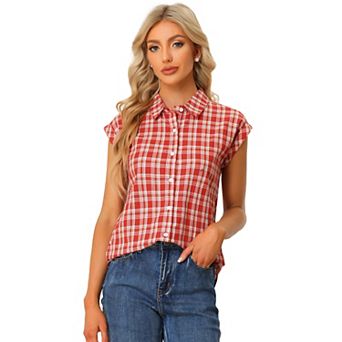 Women's Point Collar Short Cap Sleeves Plaids Button Down Shirt