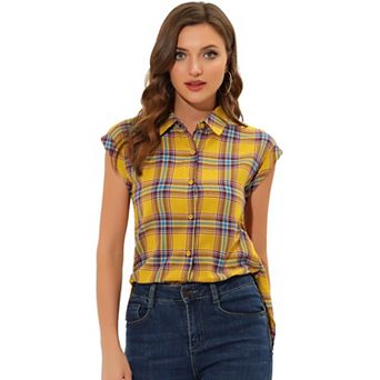 Women's Point Collar Short Cap Sleeves Plaids Button Down Shirt
