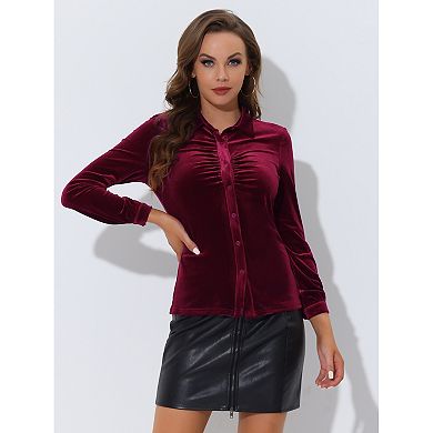 Women's Elegant Velvet Point Collar Long Sleeve Button Ruched Shirt