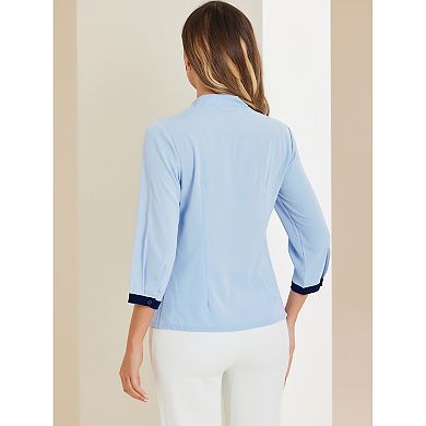 Women's Tie V Neck Half Sleeve Button Cuffs Work Office Shirt Elegant Blouses