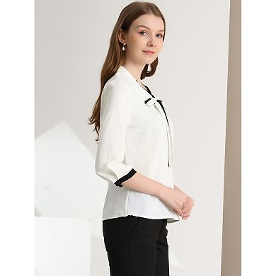 Women's Tie V Neck Half Sleeve Button Cuffs Work Office Shirt Elegant Blouses