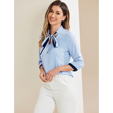 Women's Tie V Neck Half Sleeve Button Cuffs Work Office Shirt Elegant Blouses