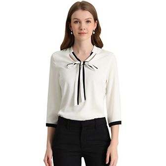 Women's Tie V Neck Half Sleeve Button Cuffs Work Office Shirt Elegant Blouses