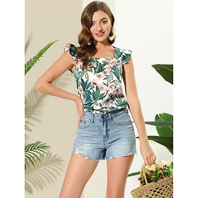 Women's Tropical Printed Square Neck Ruffle Tank Top